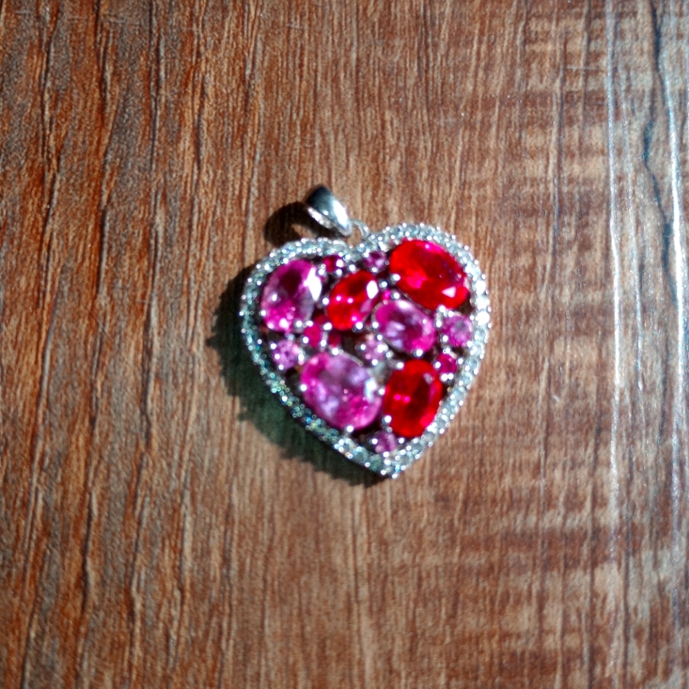 Pink & red cubic zirconia heart pendant, 925 sliver